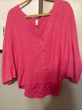 glam Hot Pink Button-Front V-Neck Blouse